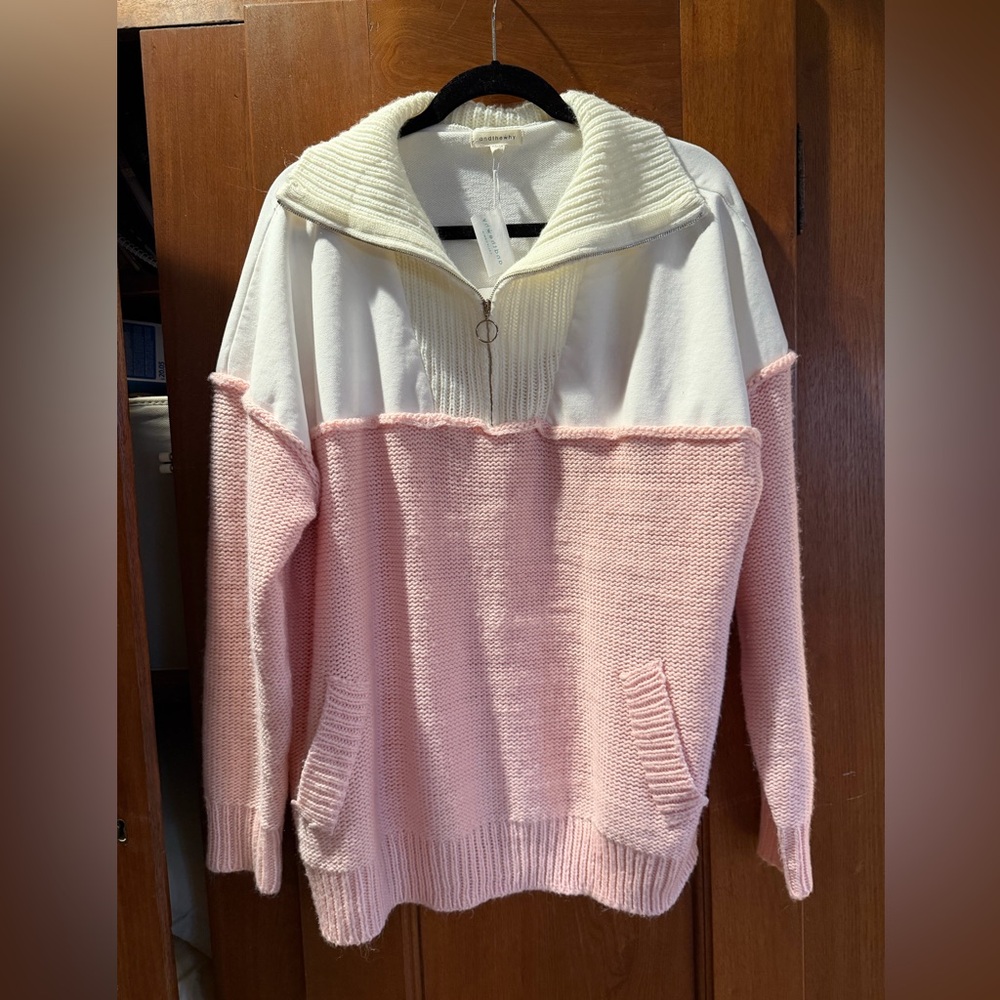 Chic Pink and White Cowl Neck Sweater
